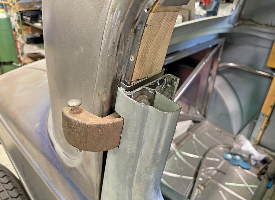 A close-up of the cut at the hinge end of the frame where the structure is less complicated but still required care when cutting.