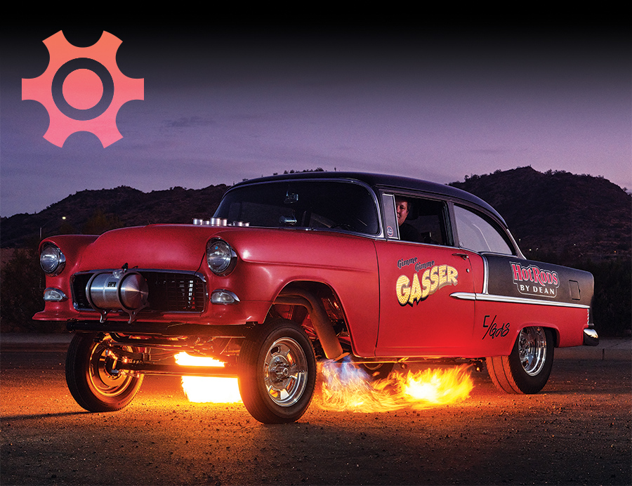 Gasser hot rod with flames beneath