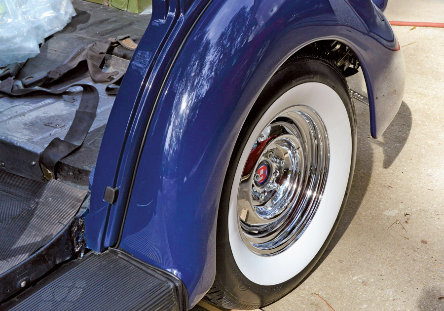 We couldn’t help but do a little glory work, so we spent some time cleaning up our Coker Tire wide whites and chrome reverse rims. This wheel-and-tire combo is in keeping with our traditional mild-custom approach on our ’36 tub.