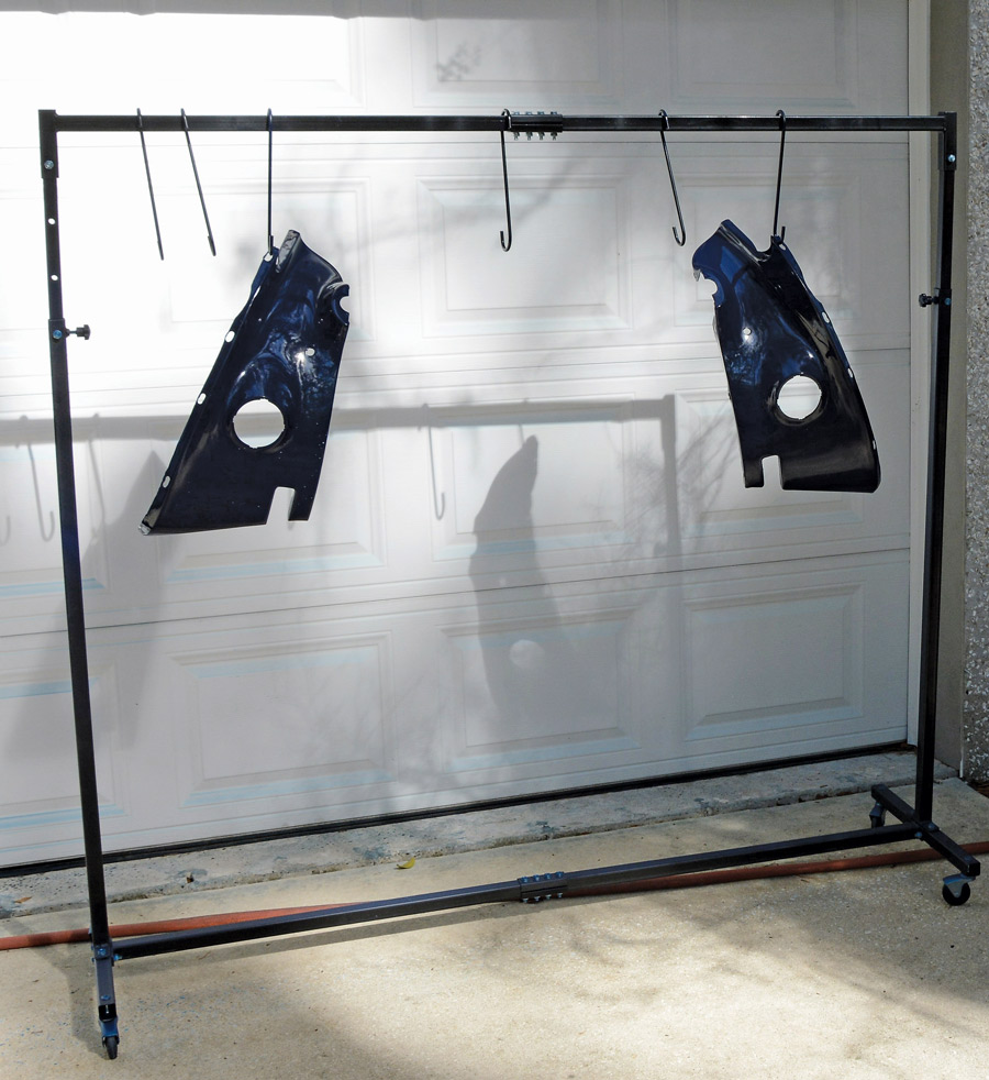 Hanging parts is a great way to ensure you get complete coverage. Having the parts at eye level also makes laying down a nice, even coat easier. We use this rolling rack from Summit Racing  (PN SUM-918069) for all our painting needs. 