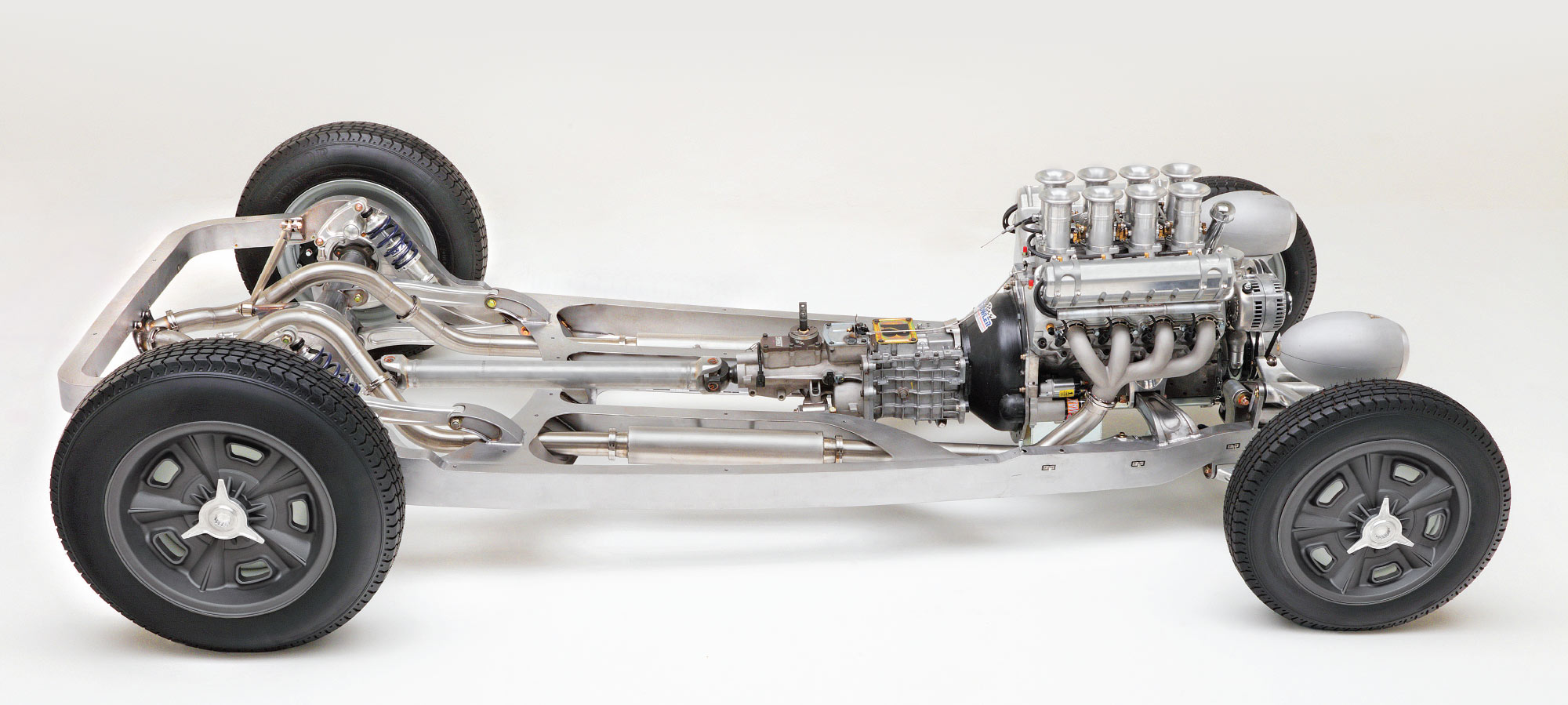 Side view of the Chevy roadster's chassis