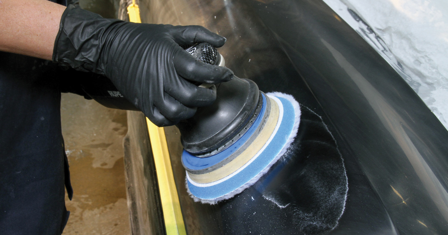 There are two types of power buffers/polishers: dual-action orbital types or multispeed rotaries. The orbital types are generally lighter and easier to maneuver, but their dual-action motion drastically reduces the tactile feel of pressure against the surface. Here, Riggle gets the compounding started with an orbital to spread it around. 