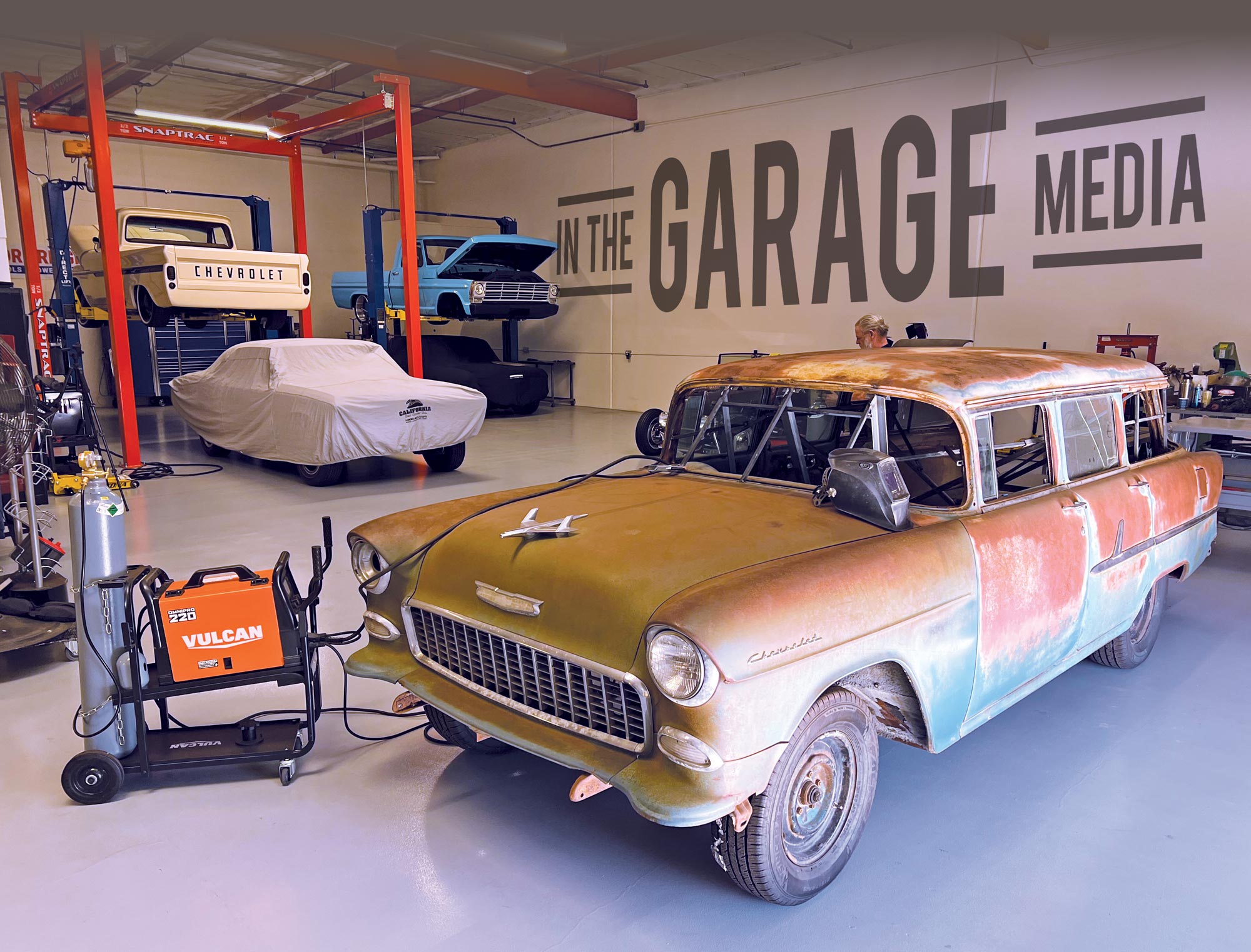 55 Chevy Wagon in garage