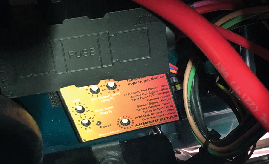 Compatible with many aftermarket controllers the Lingenfelter VSFM-002 was used for this application. Fully adjustable Monster fan can be dialed in to cure hard-to-cool cars. 