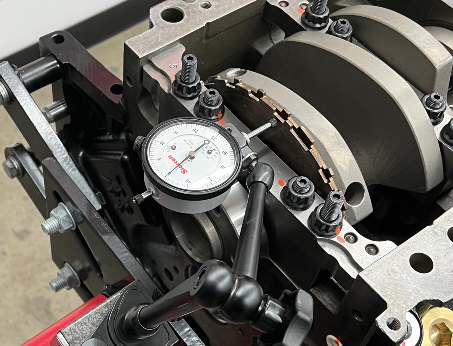 the LS block goes through its final installation steps with the use of a dial indicator