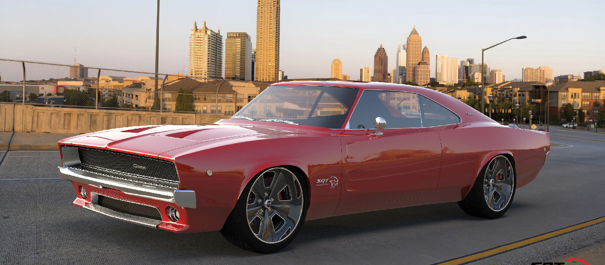 '68 Dodge Charger with a city skyline in the background