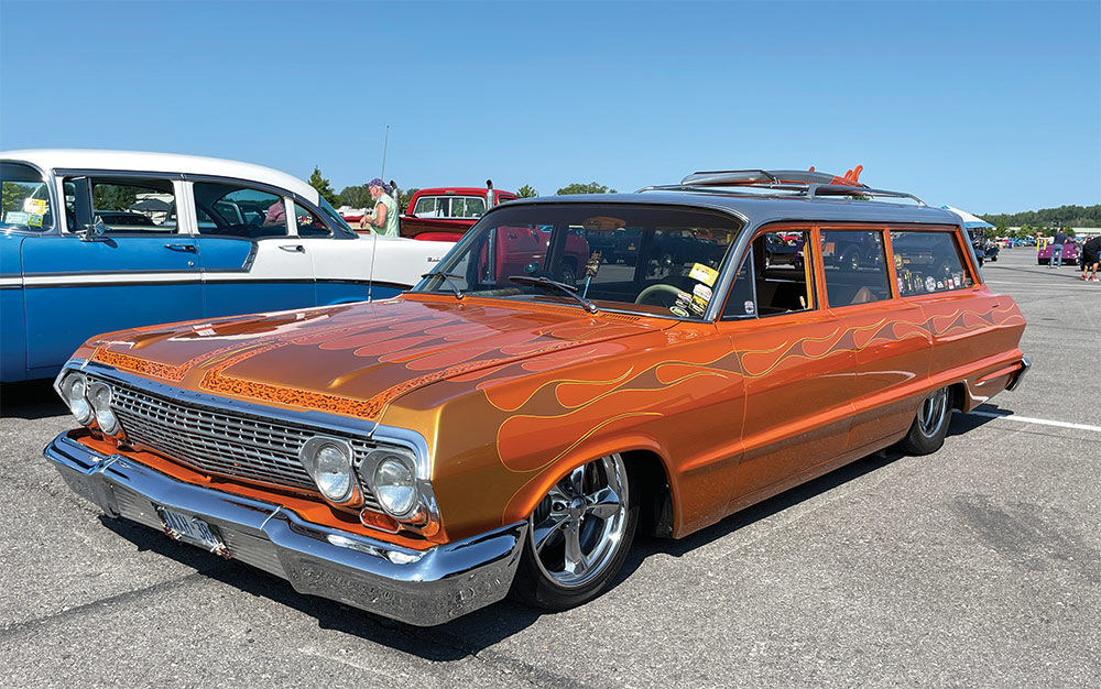 Dropped orange w/ gold flames '63 Chevy wagon 