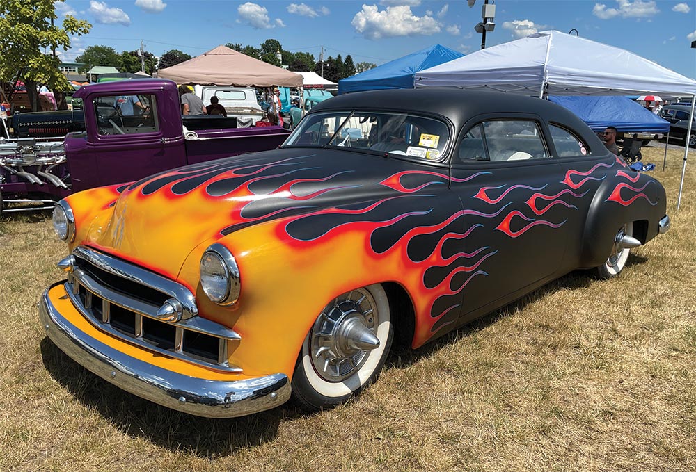 Flat black with flames chopped '49 Chevy