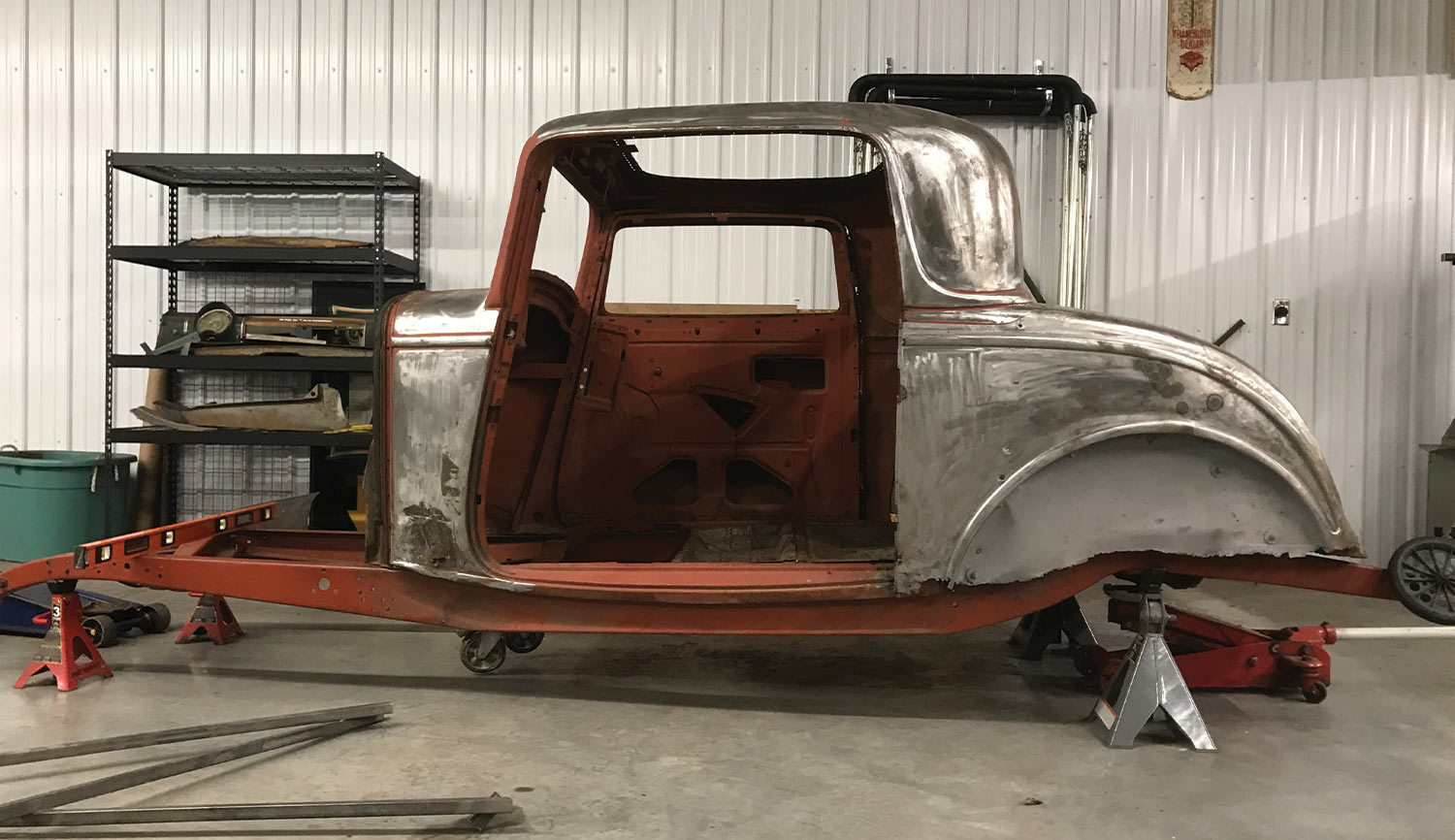 profile view of the hot rod coupe body during the process squaring