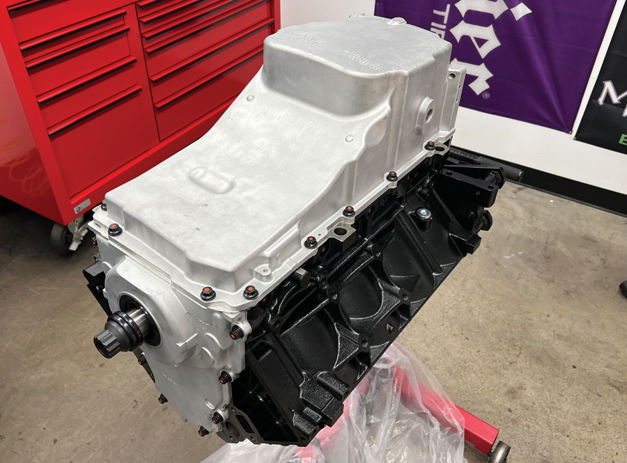 Our 330ci iron block LS engine is now a fully assembled long-block