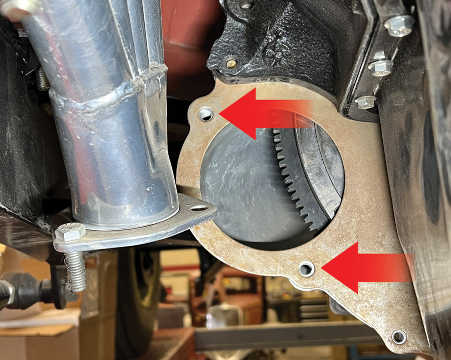 installed starter plate, flywheel, and manual transmission bell housing 