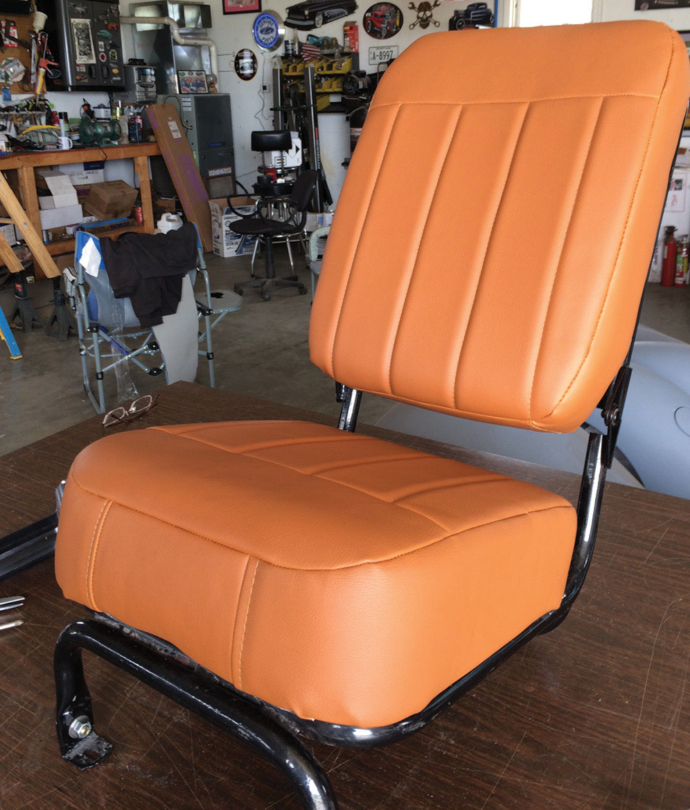 This is the single seat for the Jeepster. The pleats were made by sewing thin foam to the material (see the first installment to see how this is done).