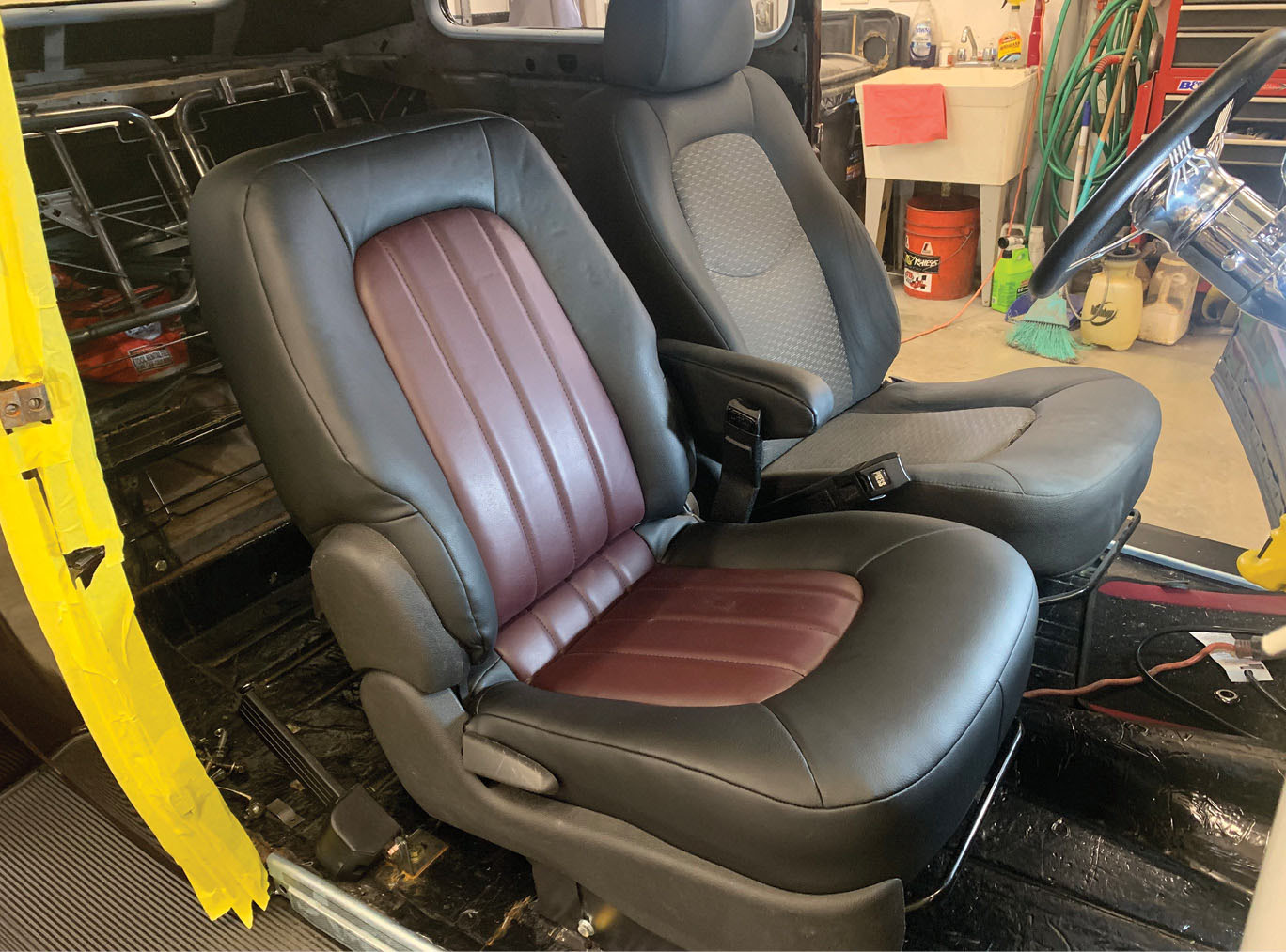 A before and after shot of the seats in Winter’s ’36 Ford. On the far side is an original HHR seat—compare it to the reupholstered version closer to the camera.