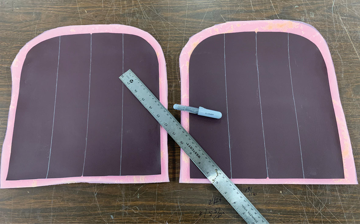 To give the seats a custom look, pleated panels will replace the plain centers of the original seats. The lines indicate where the vinyl will be sewn to the foam to produce the pleats.