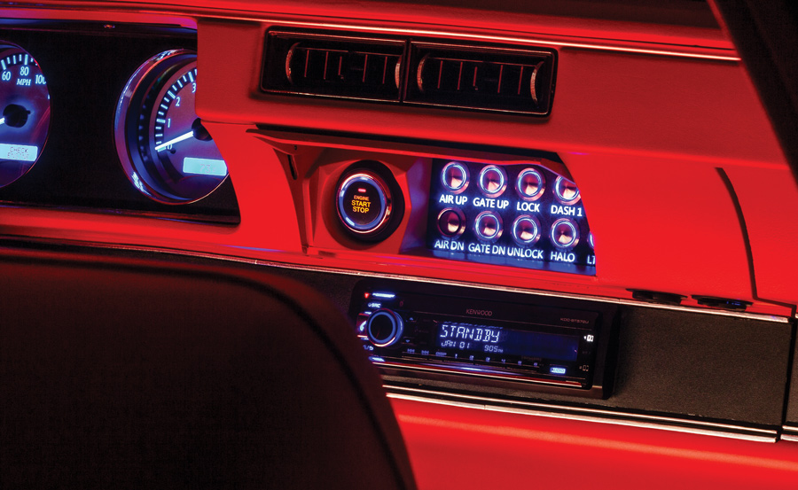 red dashboard in a '72 Oldsmobile Vista Cruiser