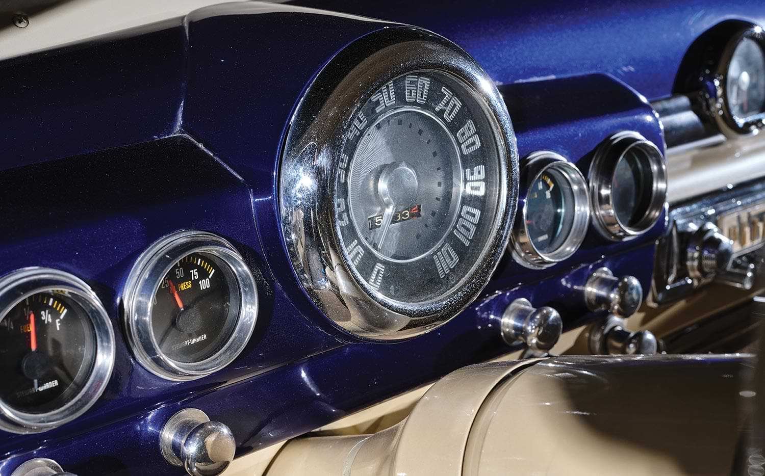 close view of the '50 Merc dashboard gauges
