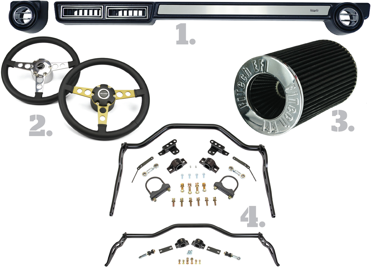 steering wheels, louver panel, cone air filter, sway bar kit