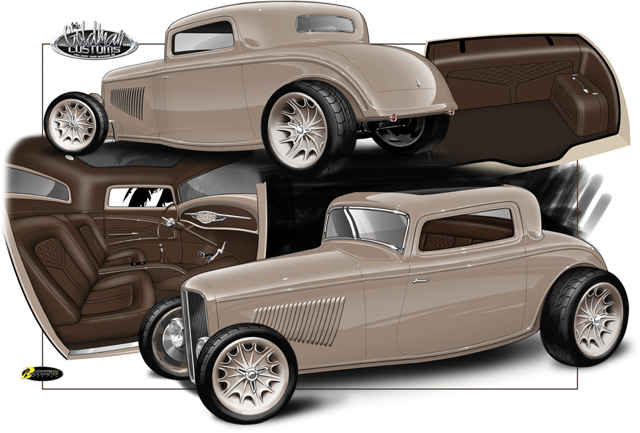 digital illustrations of a brown '32 Ford