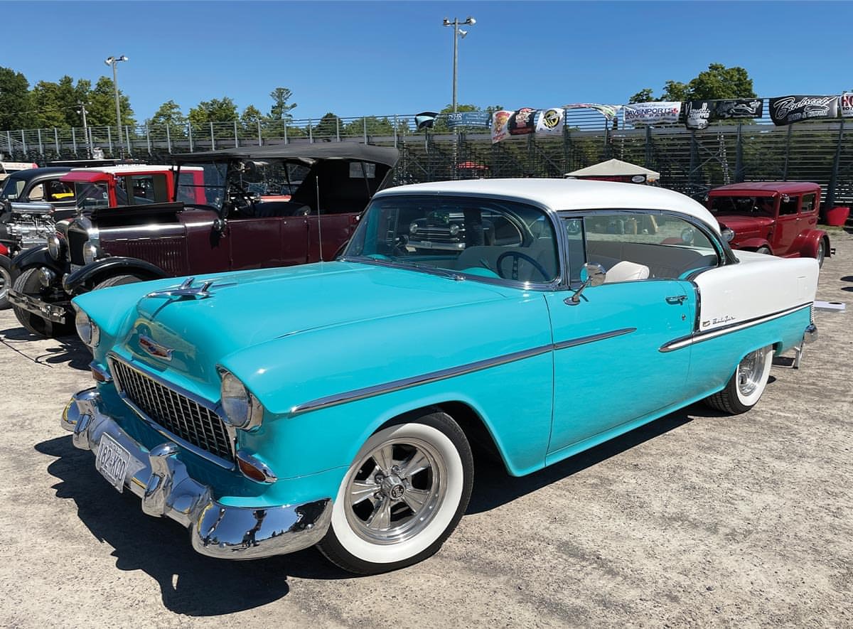 a white and aqua ’34 Tri-Five Chevy