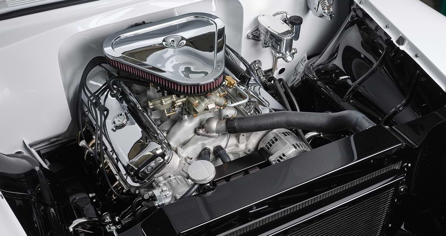 close up of the the '56 Chevy 210's engine