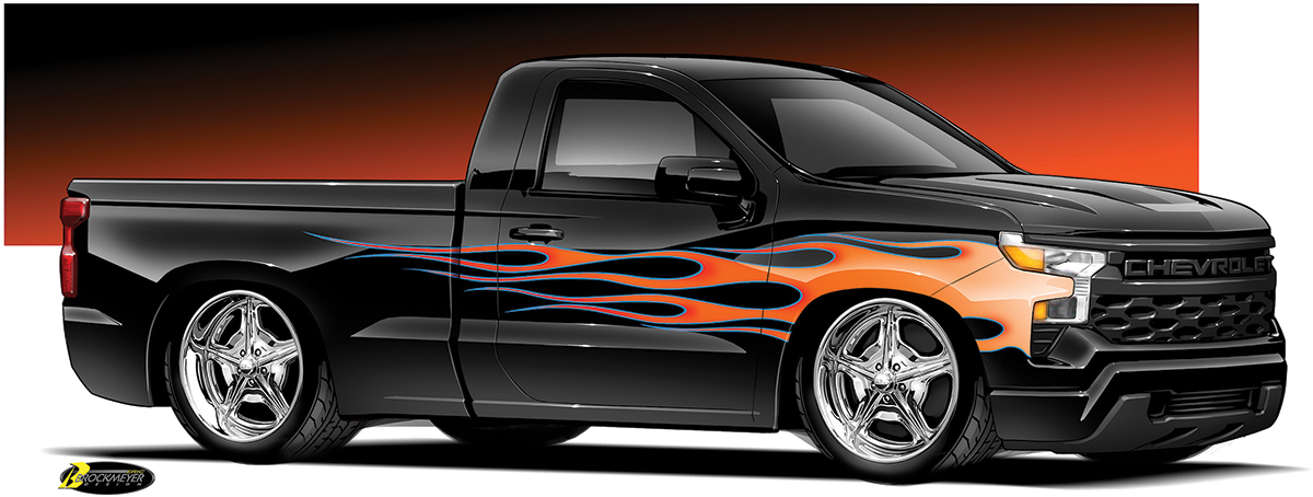 2023 Chevy pickup with flames on the side