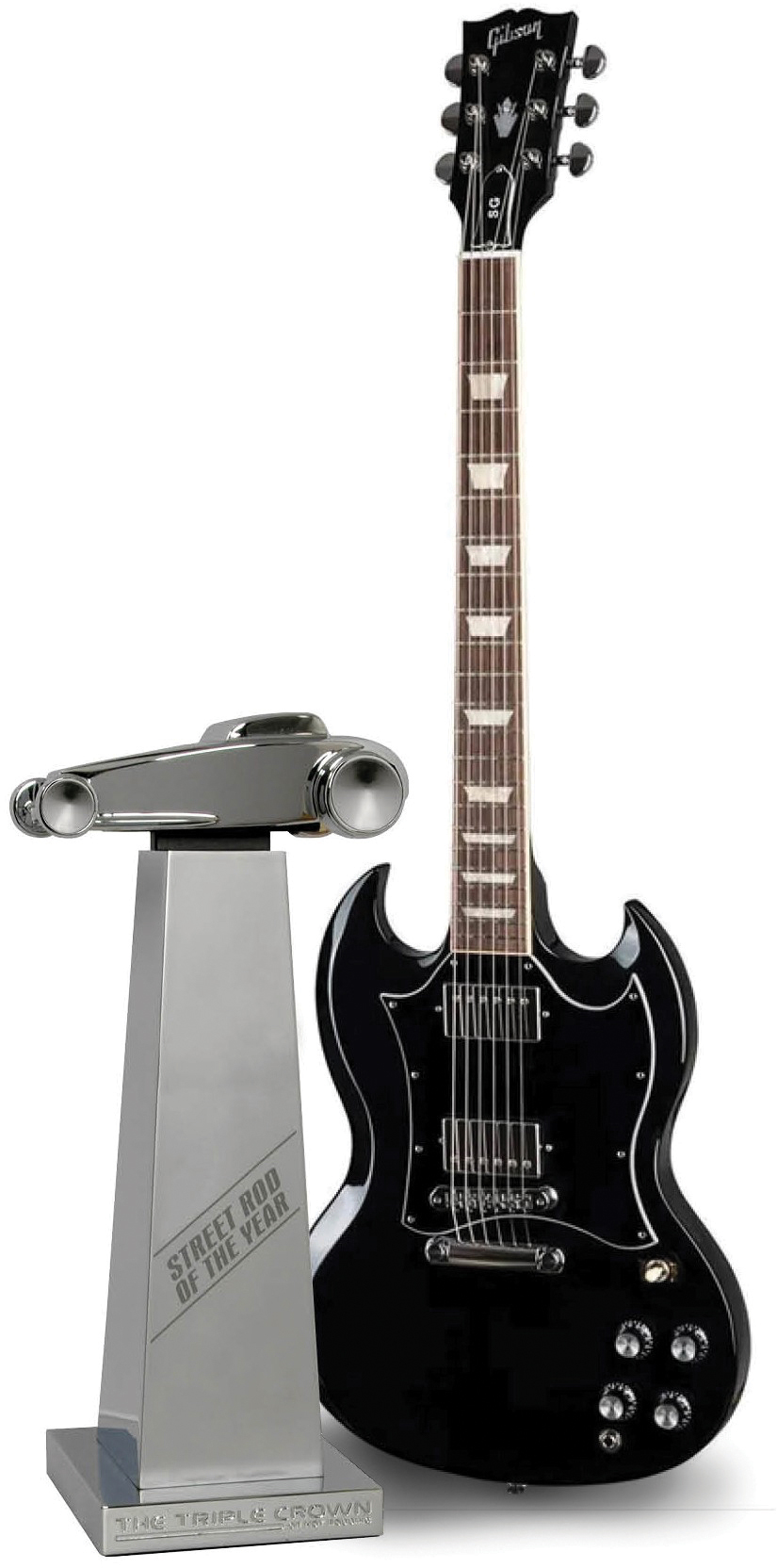 Gibson 5G guitar next to silver trophy with a hot rod on top