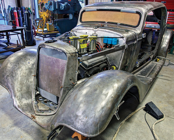 engine bay of '35 chevy almost completely fabricated 