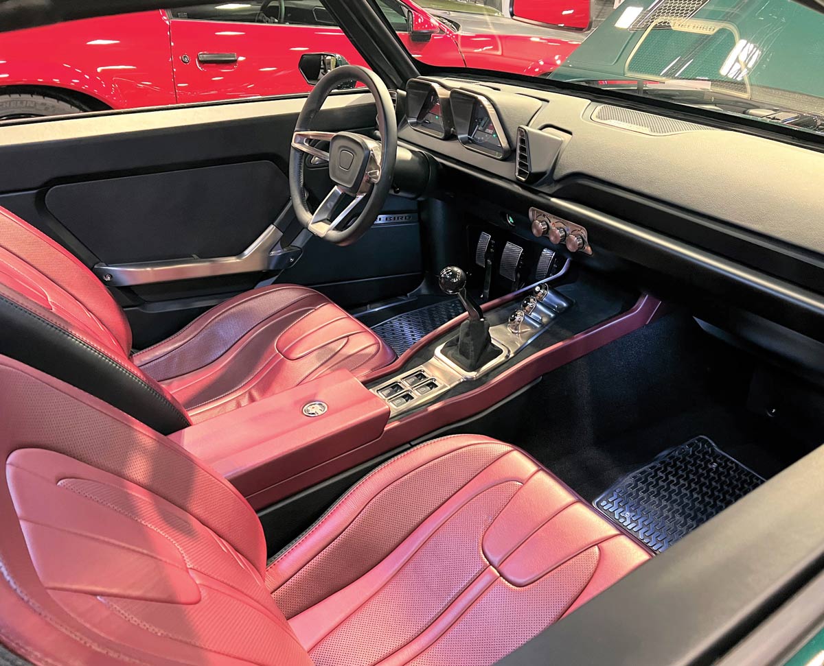  The interior was stitched by Cato’s Upholstery shown in its street trim. The driver seat can be quickly modified to provide the proper seating for Sather when he makes those 200-mph standing mile runs. 