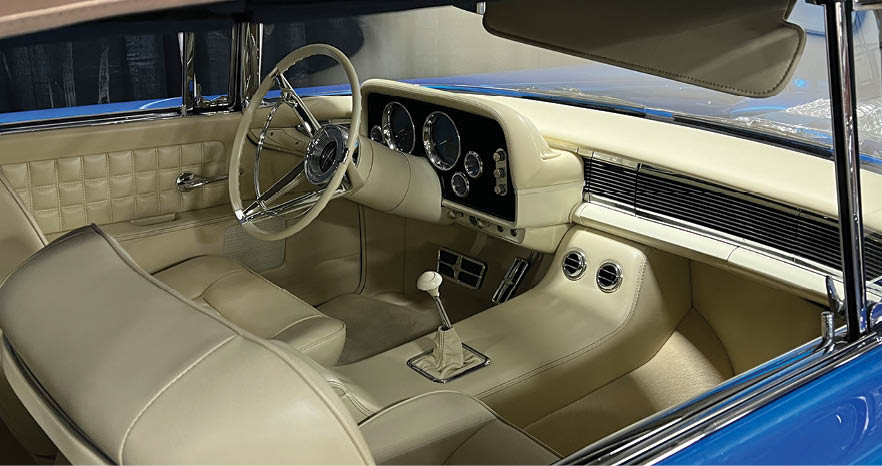 Interior on Maybellene comes from JS Custom Interiors with Bentley BeerFoam-colored leather and Dakota Digital “floating” digital instrumentation. 