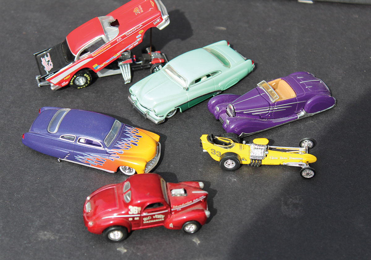 The Hot Wheels collection of famous cars includes the like of the Hirohata Merc, Greer, Black, Prudhomme AA/F front-engine dragster, Big John Mazmanian Willys blown Hemi gasser, and the Tom McEwen AA/FC Funny Car.