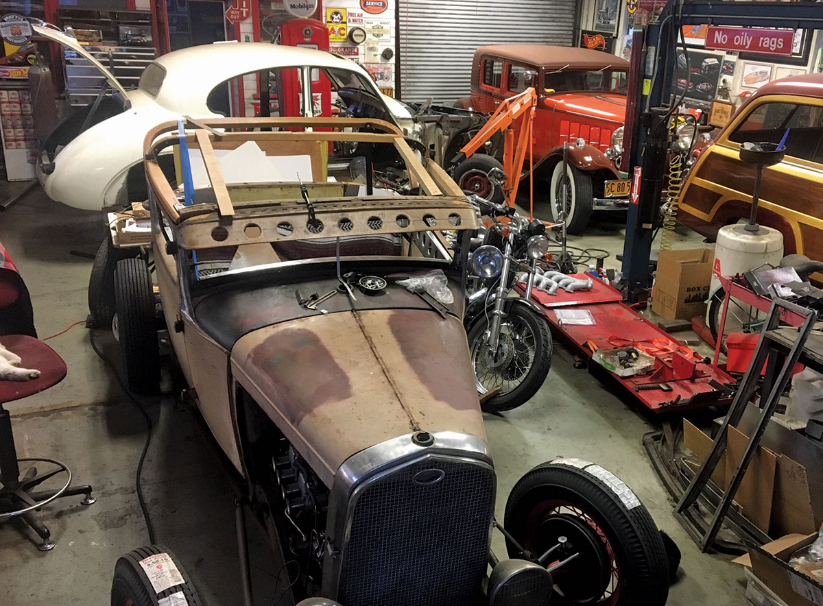 Should you wander through his shop today you might just see a ’30 Sports Coupe that sports a Miata four-banger with sidedraft Weber carburetion or a Jaguar MK 7 with an LS V-8. On this day we also found his ’51 Woodie on the lift and the ’32 Nash stuffed into the shop.