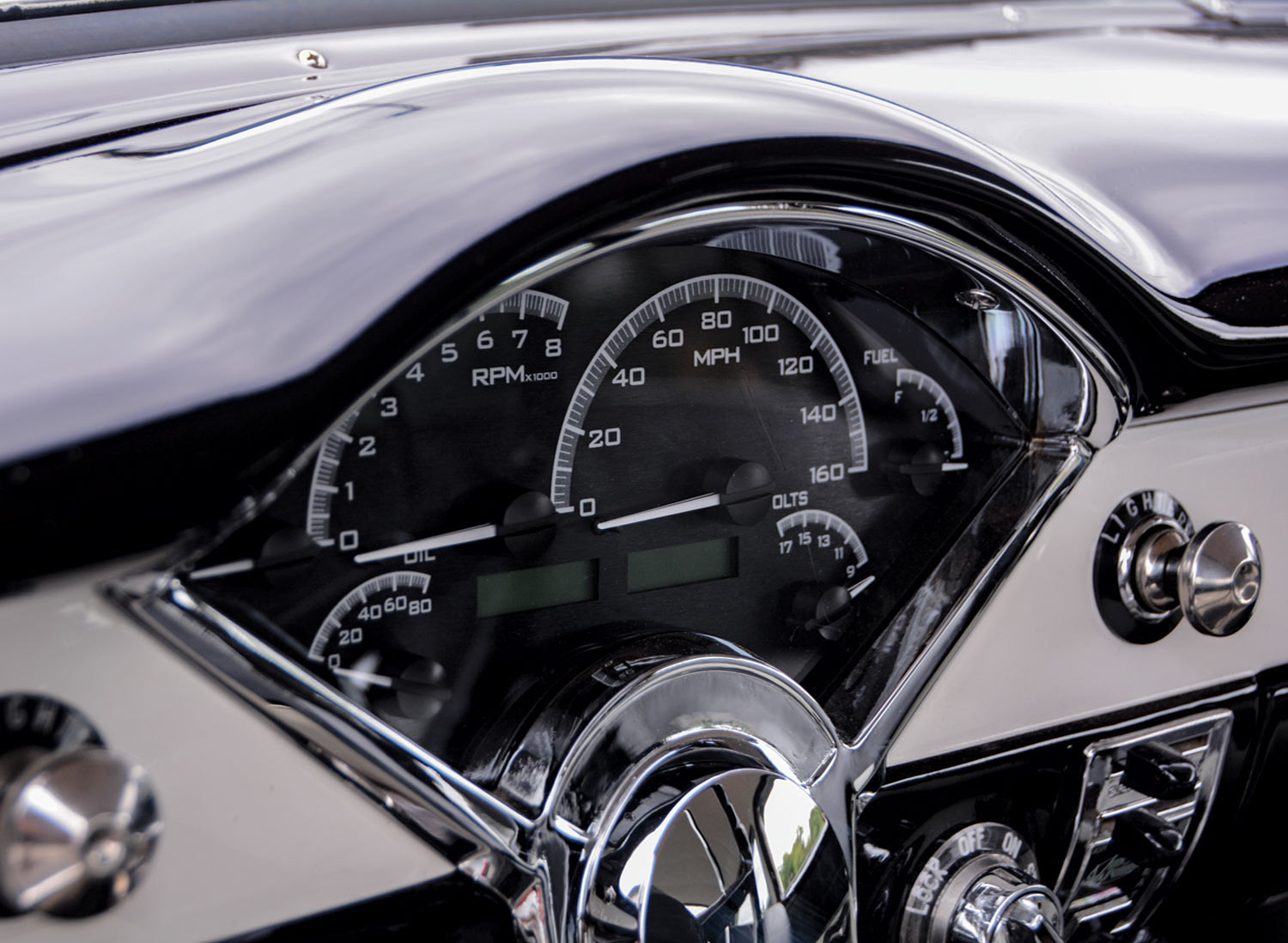 close view of the ’55 Chevy Delray's driver dashboard gauges