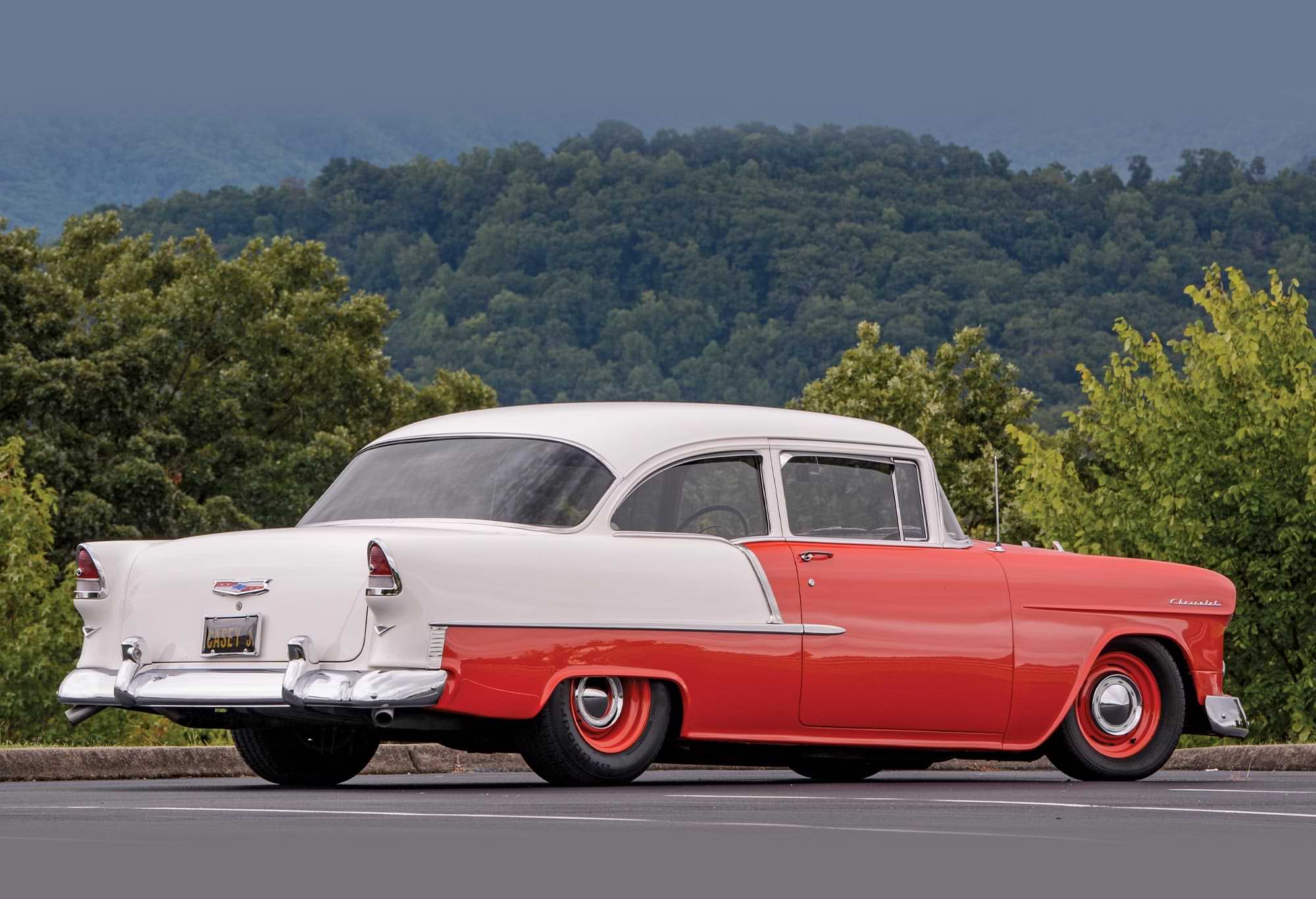 three quarter passenger side rear view of the ’55 Chevy Delray