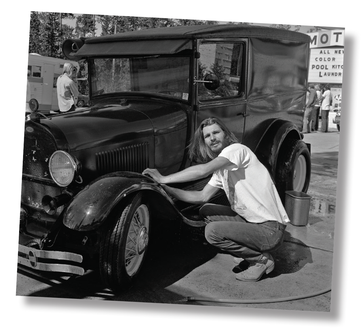 Jake Jacobs with his always-familiar Rat Fink T-shirt is cleaning up his Model A panel while attending the 1972 NSRA Nationals held in Detroit. Anyone from that time remember the manhole covers on 8 Mile Road? Now there are some stories.