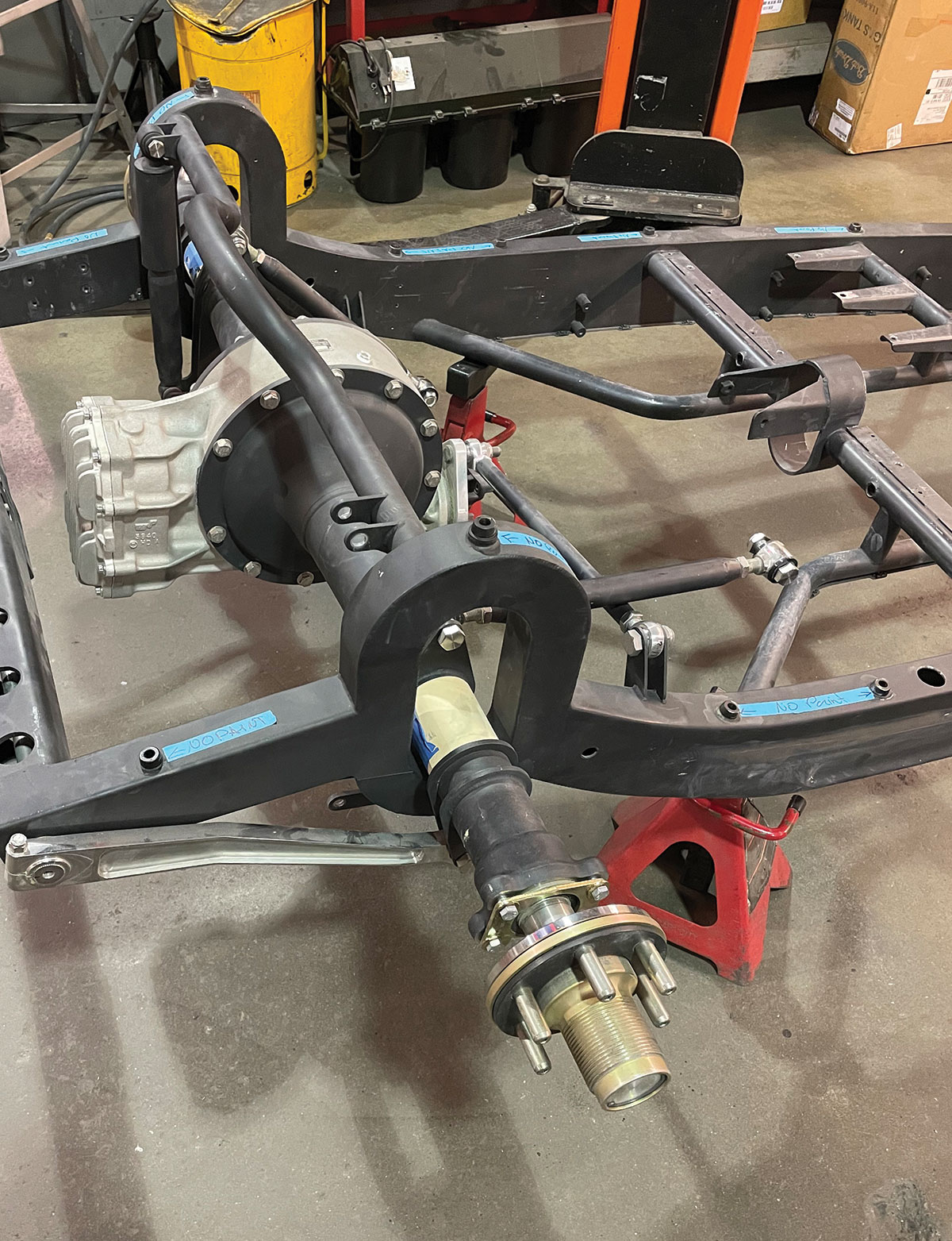 The rear axle is a beefy Winters Champ quick-change with steel tubes and bells. Suspension is by way of a torsion bar in the rear crossmember with tube shocks that attach to axle housings and a tubular crossmember.