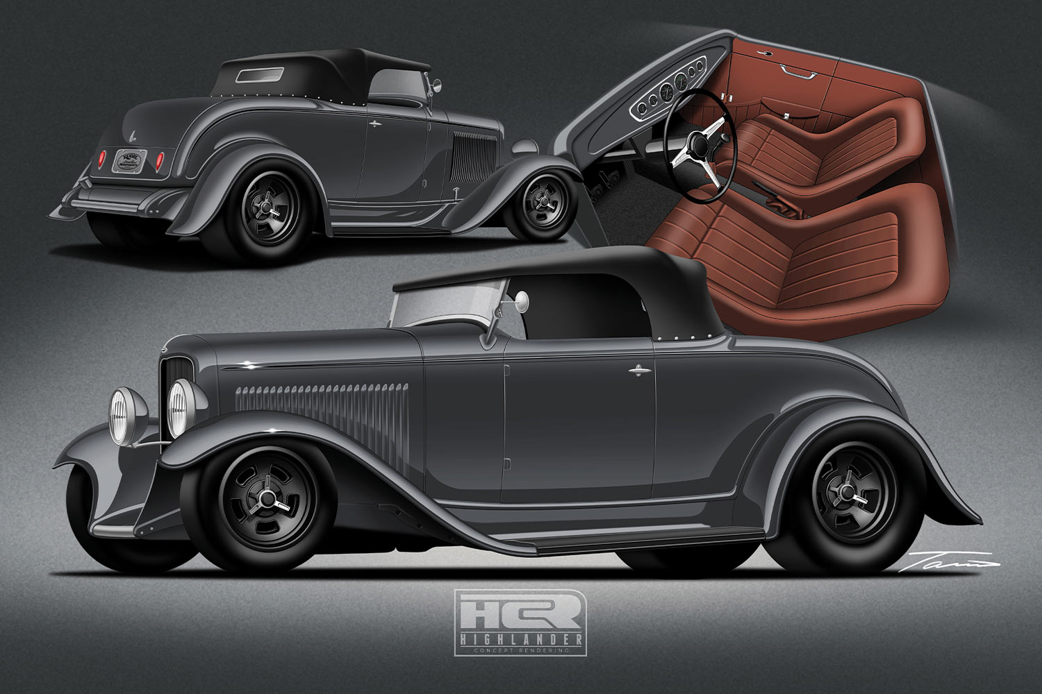 a digital rendering of the gray ’32 Ford roadster's drivers side, passenger side rear and cabin seating