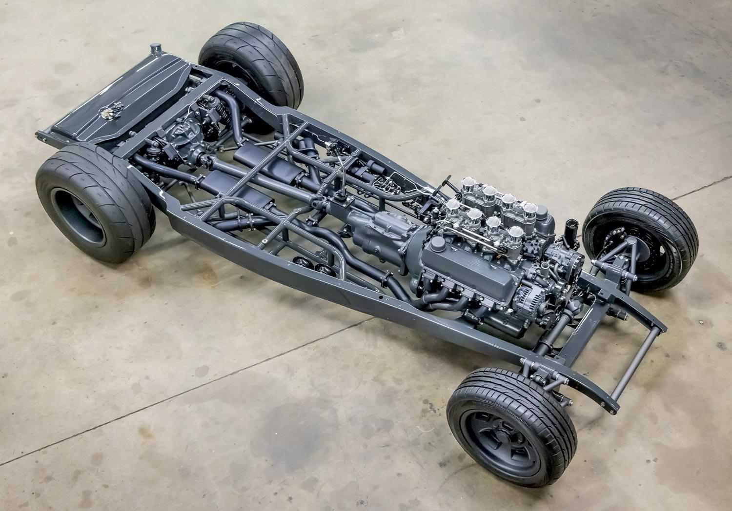high angle view of the ’32 Ford roadster's chassis