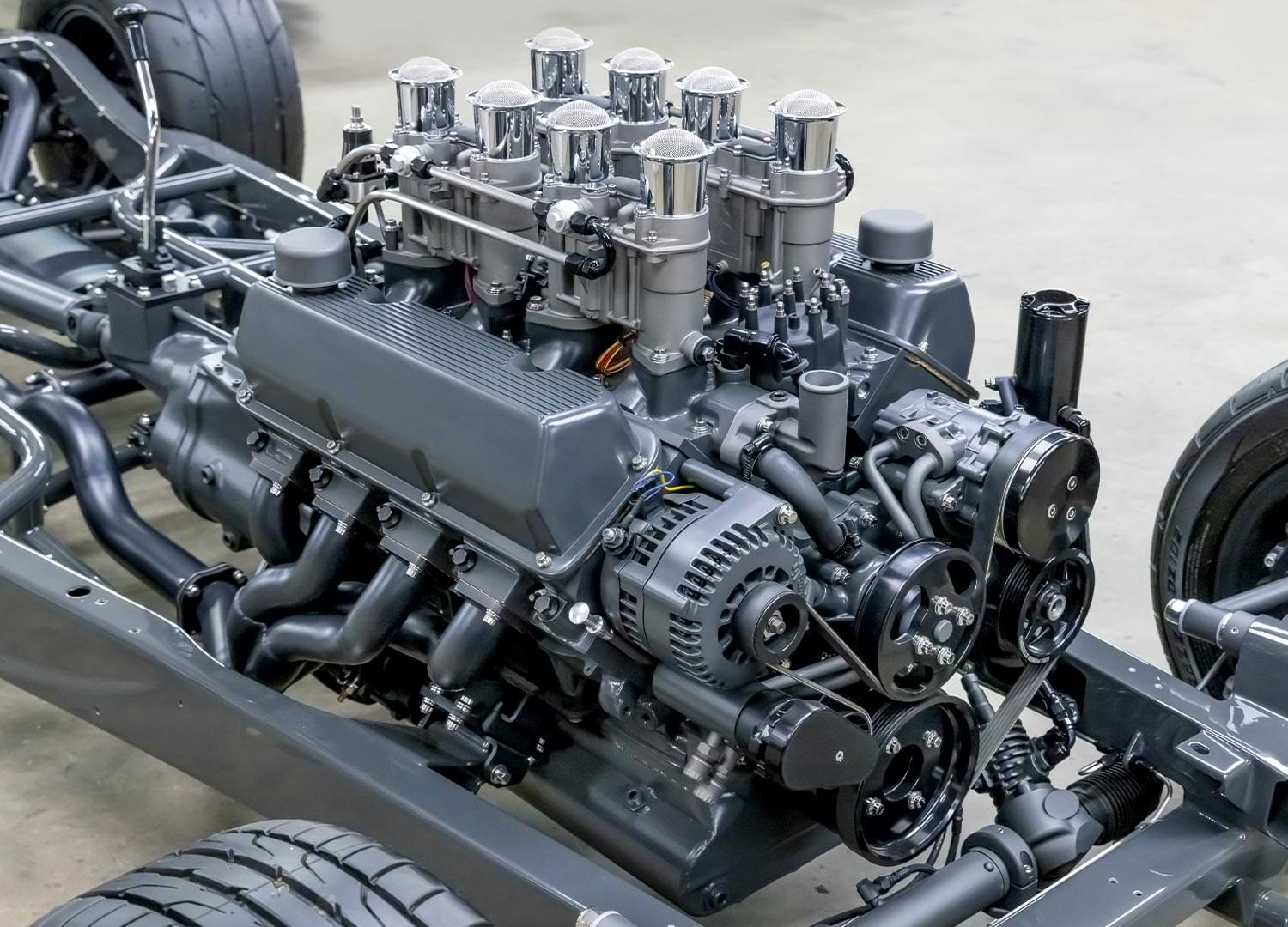 close up of the engine on the ’32 Ford roadster's chassis