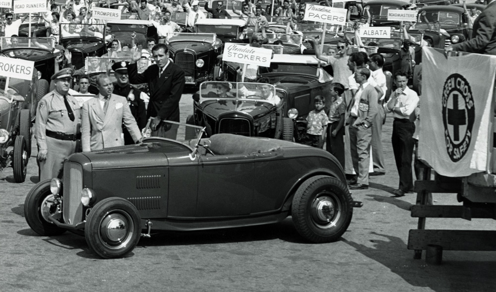 black and white photo of roadster show