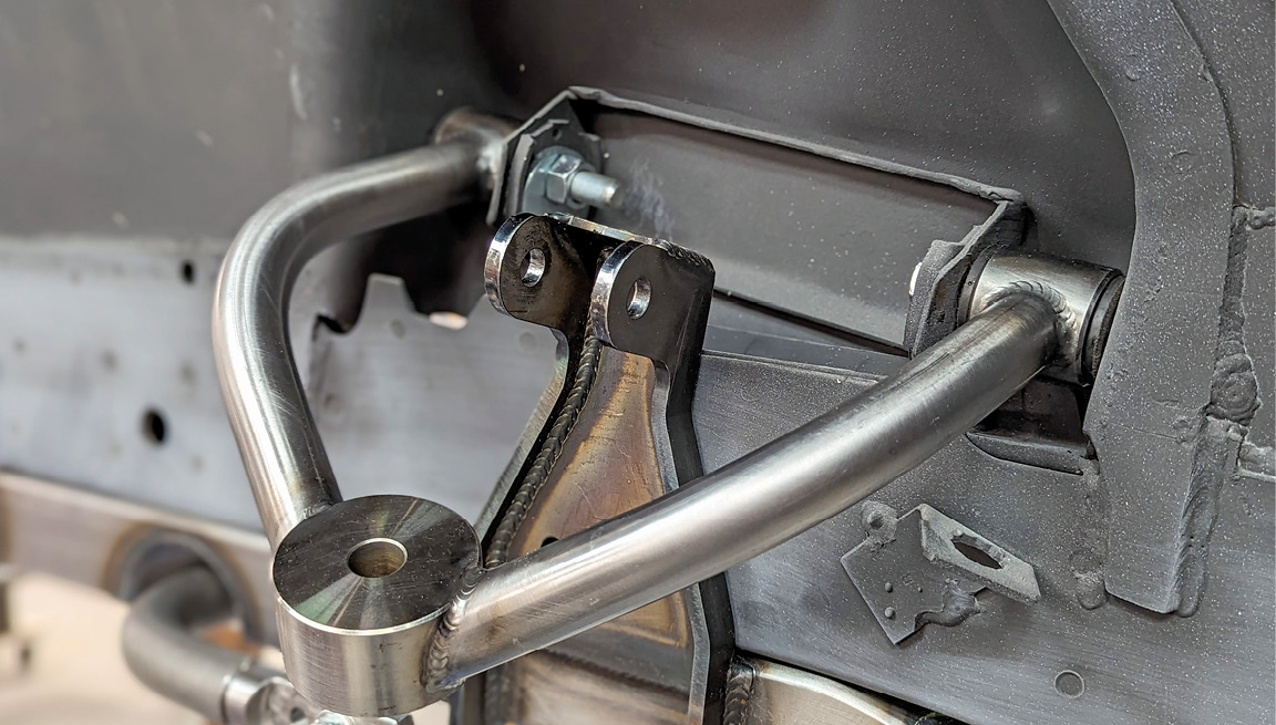 The AME tubular upper control arms are fitted with polyurethane bushings—they mount to the factory attachment points.