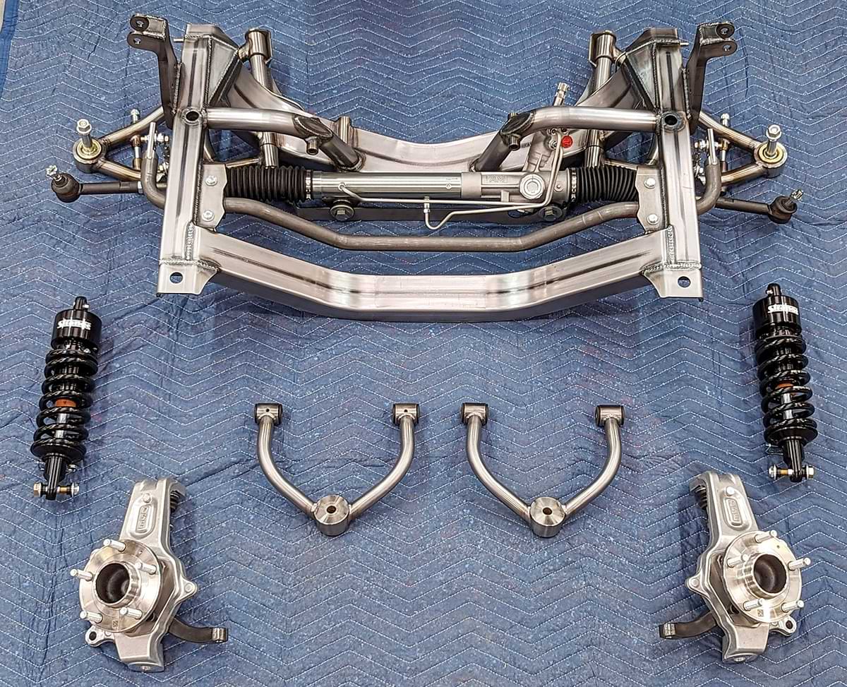 Shown here is the AME K-member with all the individually shipped components in place. The engine mounting brackets accommodate a variety of Mopar engines, and a heavy-duty antiroll bar is included.