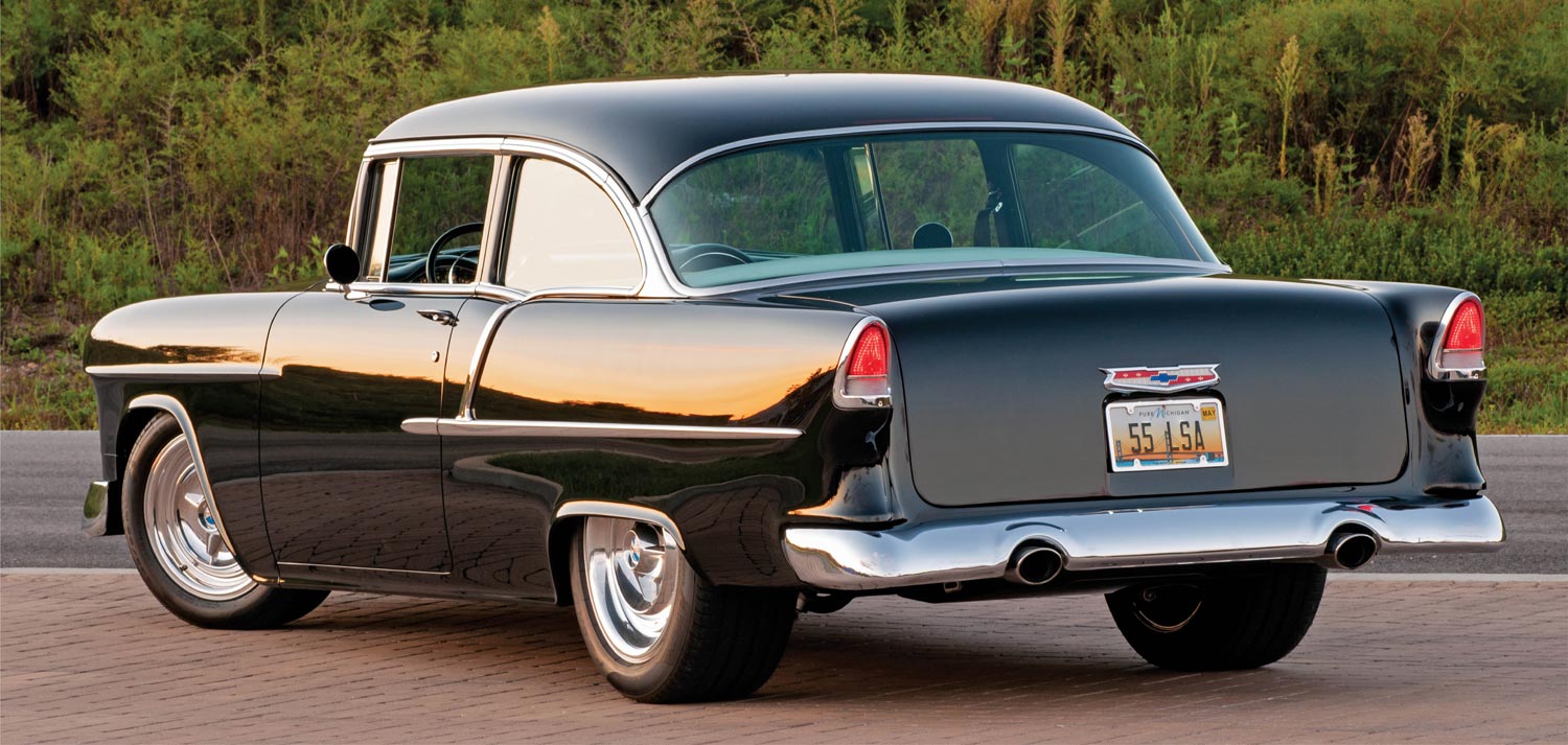rear of a black '55 Chevy Delray