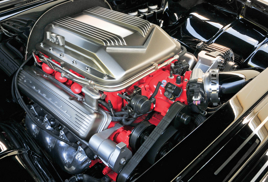 close up of an engine in a '55 Chevy Delray