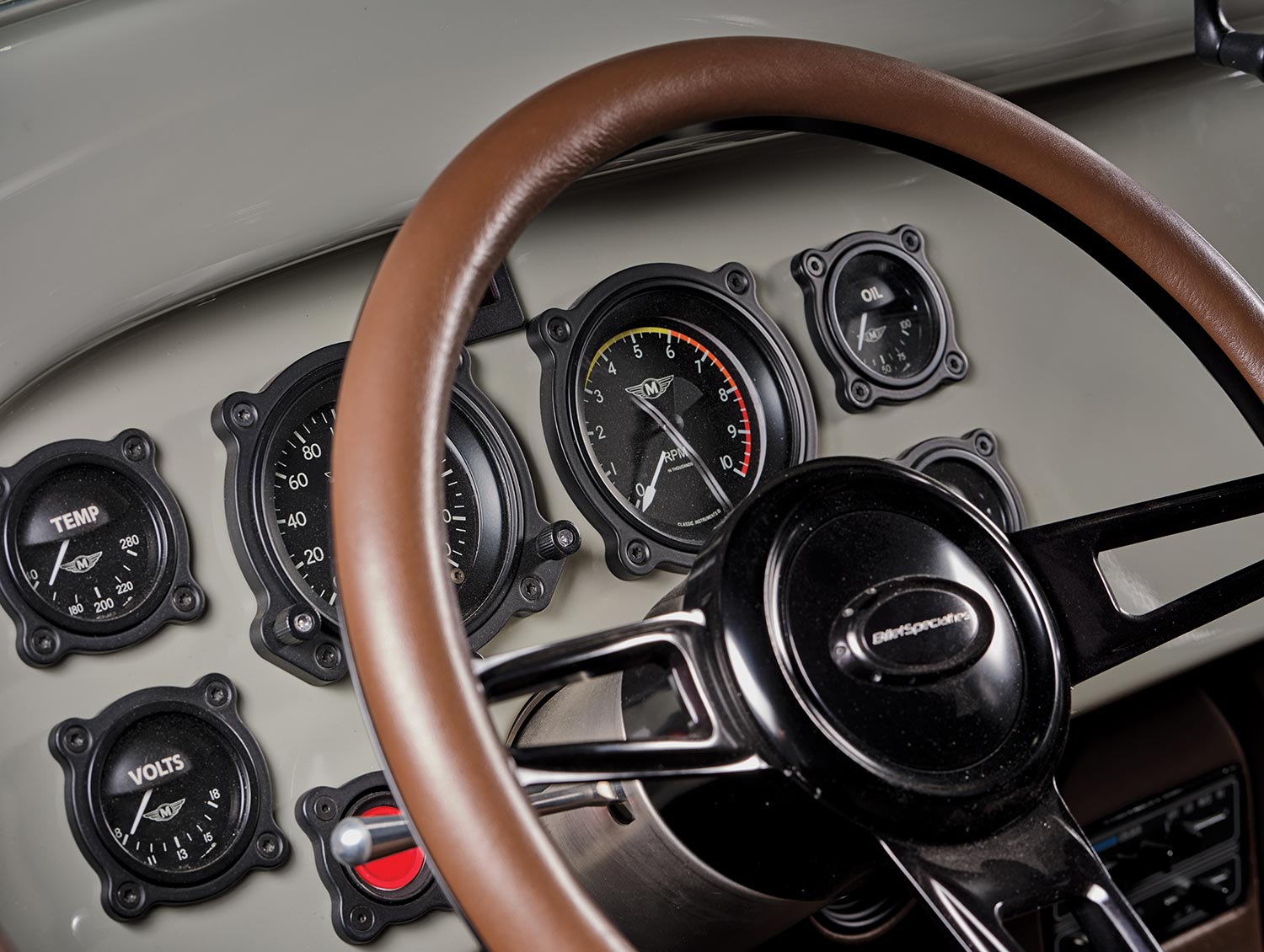 close view of the '37 Chevy pickup's steering and dashboard cluster
