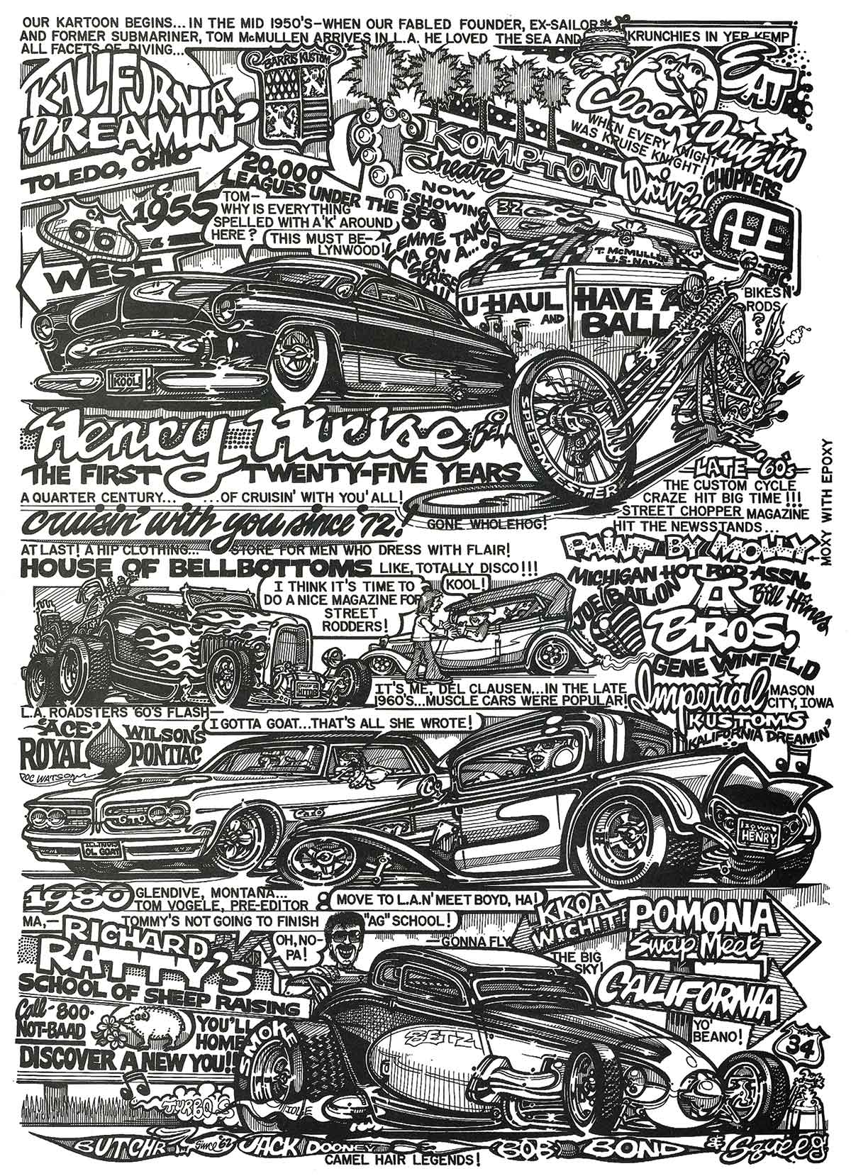 Illustrative cartoon graphic artwork of Henry HiRise that Dave Bell put pen to paper and created to commemorate 25 years of Street Rodder and Henry HiRise. In the very middle is a tribute to Tom McMullen and Tex Smith seated in his ’34 Ford Phaeton about the birth of SRM and Henry HiRise.
