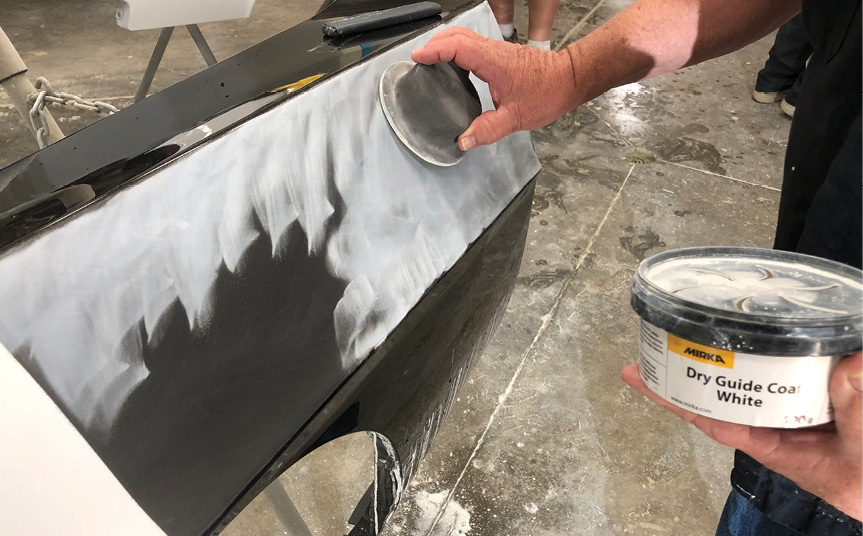 A guidecoating tip, Larry Watson says, “Don’t stripe it like a watermelon, apply guidecoat evenly like you are shooting a candy color.”