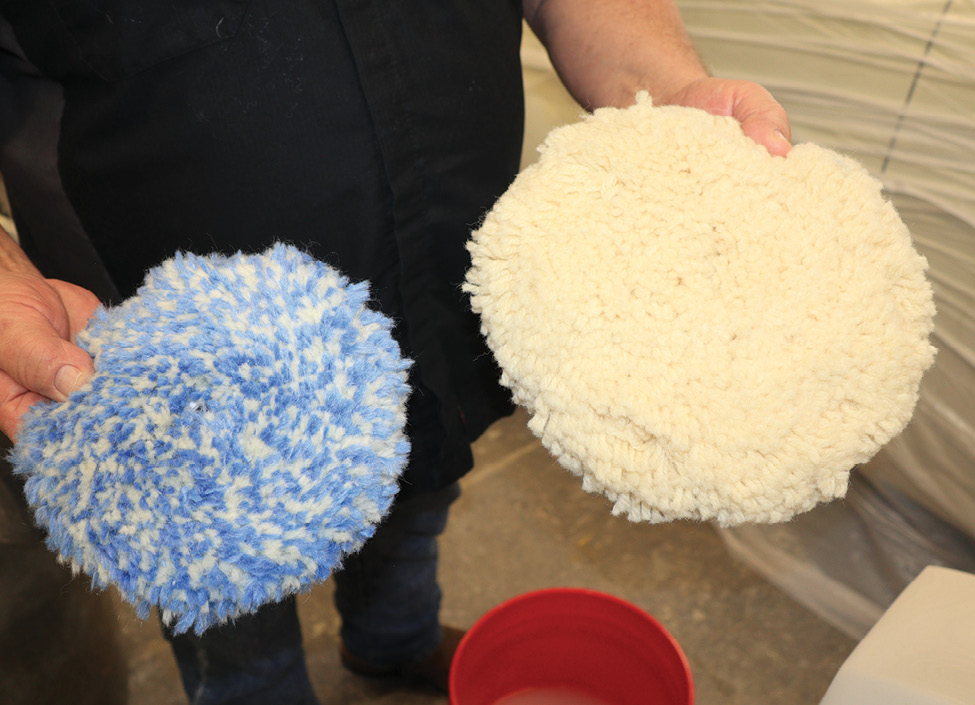 Fast cutting an “old-school” 7-1/2-inch wool buffing pad works great on a rotary but safer for the paint a novice uses a long-throw DA polisher.