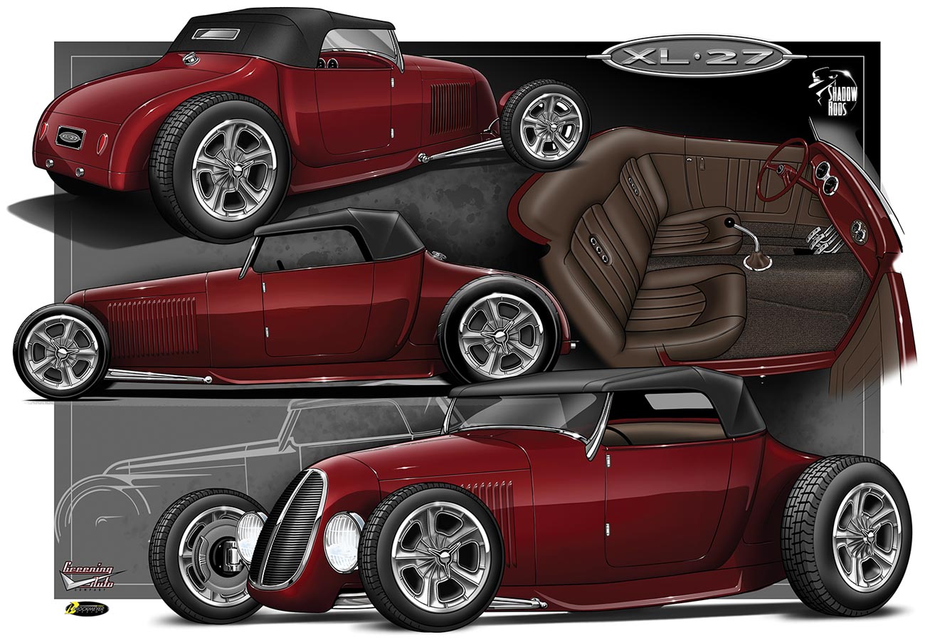 colored illustrative digital rendering of the '27 Ford Highboy Roadster at different angles, including a rendering of the interior