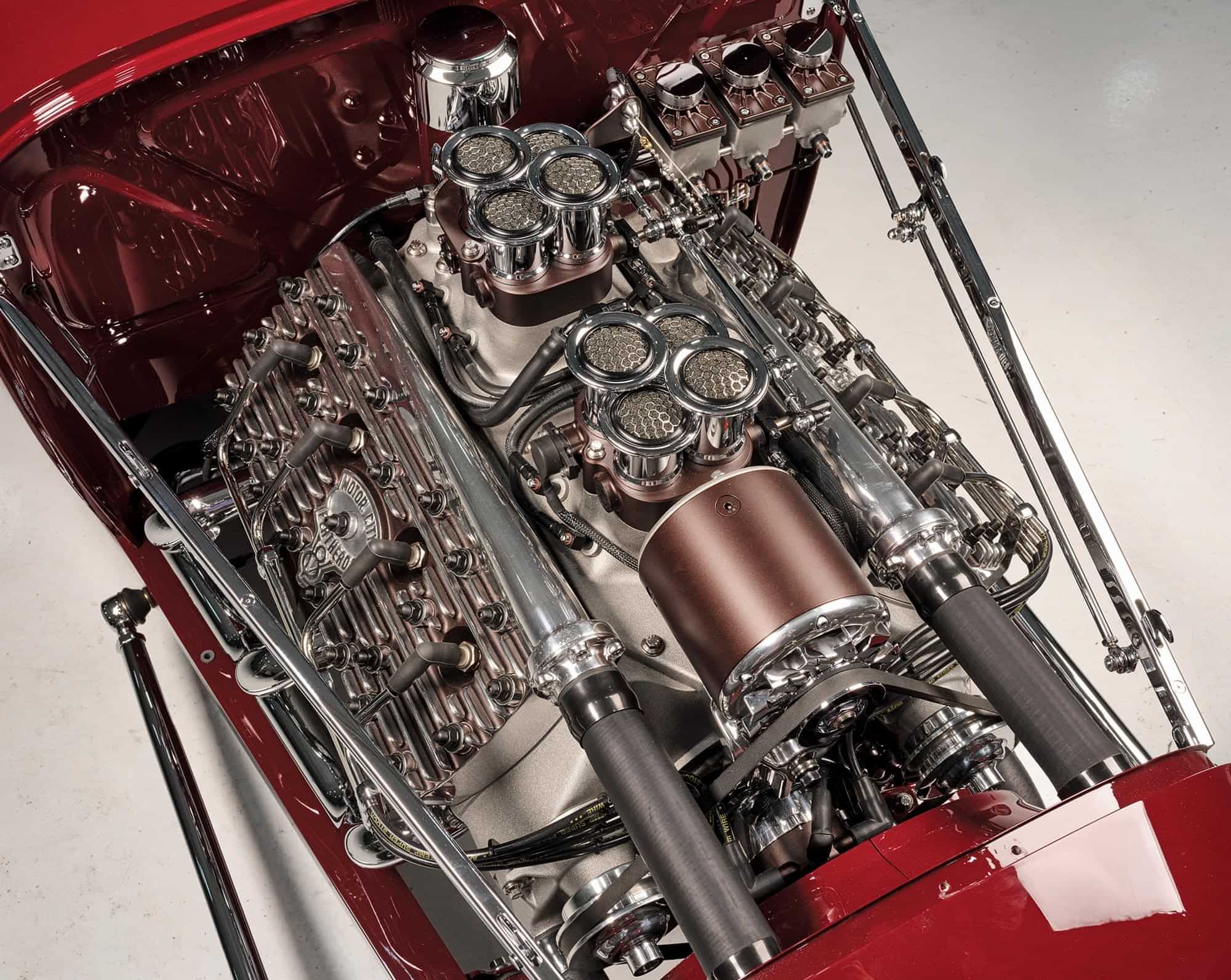 close up view of the '27 Ford Highboy Roadster's engine