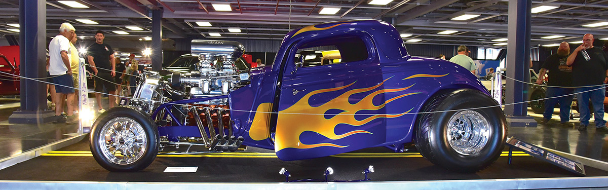 Royal blue with flames stretched and blown '34 Ford coupe